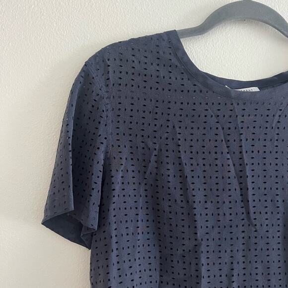 Equipment Femme Navy Blue Silk Perforated Cutout Short Sleeve Blouse XS - Picture 3 of 8